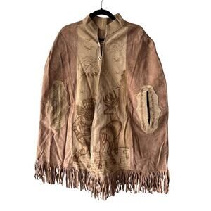 Vintage 70s Suede Poncho Fringe Aztec Calendar Design
